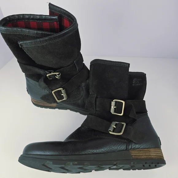 Sorel Black Leather Boots Womens 7 Plaid Lining Buckles - Picture 6 of 15